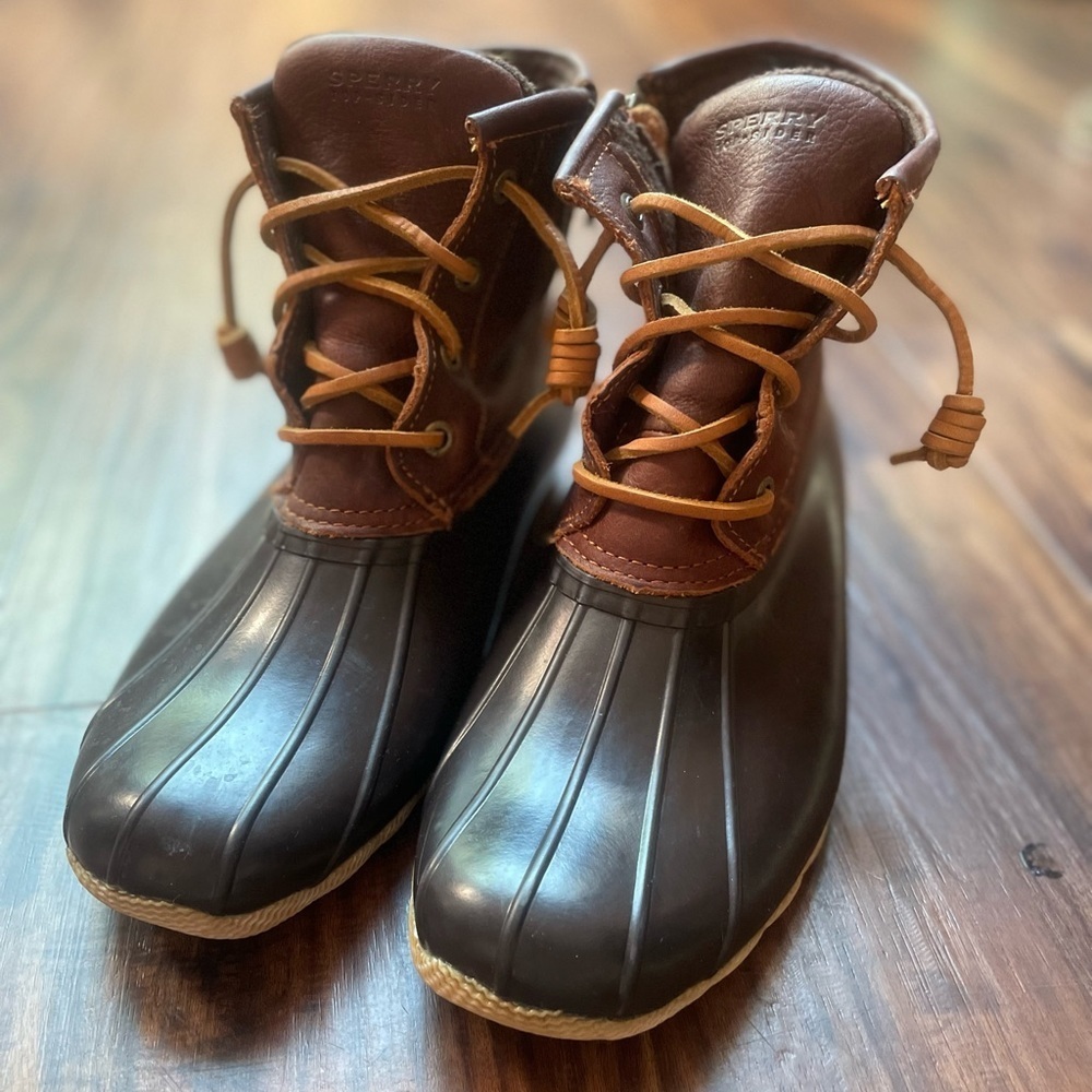 Sperry Womens Brown Leather & Rubber STS91176 Waterproof Duck Boots 7M